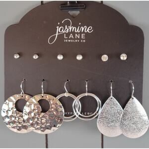 Silver Tone Earring Set 6 Pairs Stud Hoop Teardrop Hammered Disc Jasmine Lane